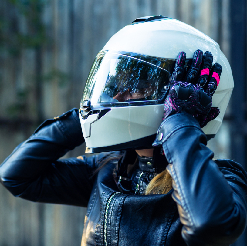motorcycle helmet on motorcyclist